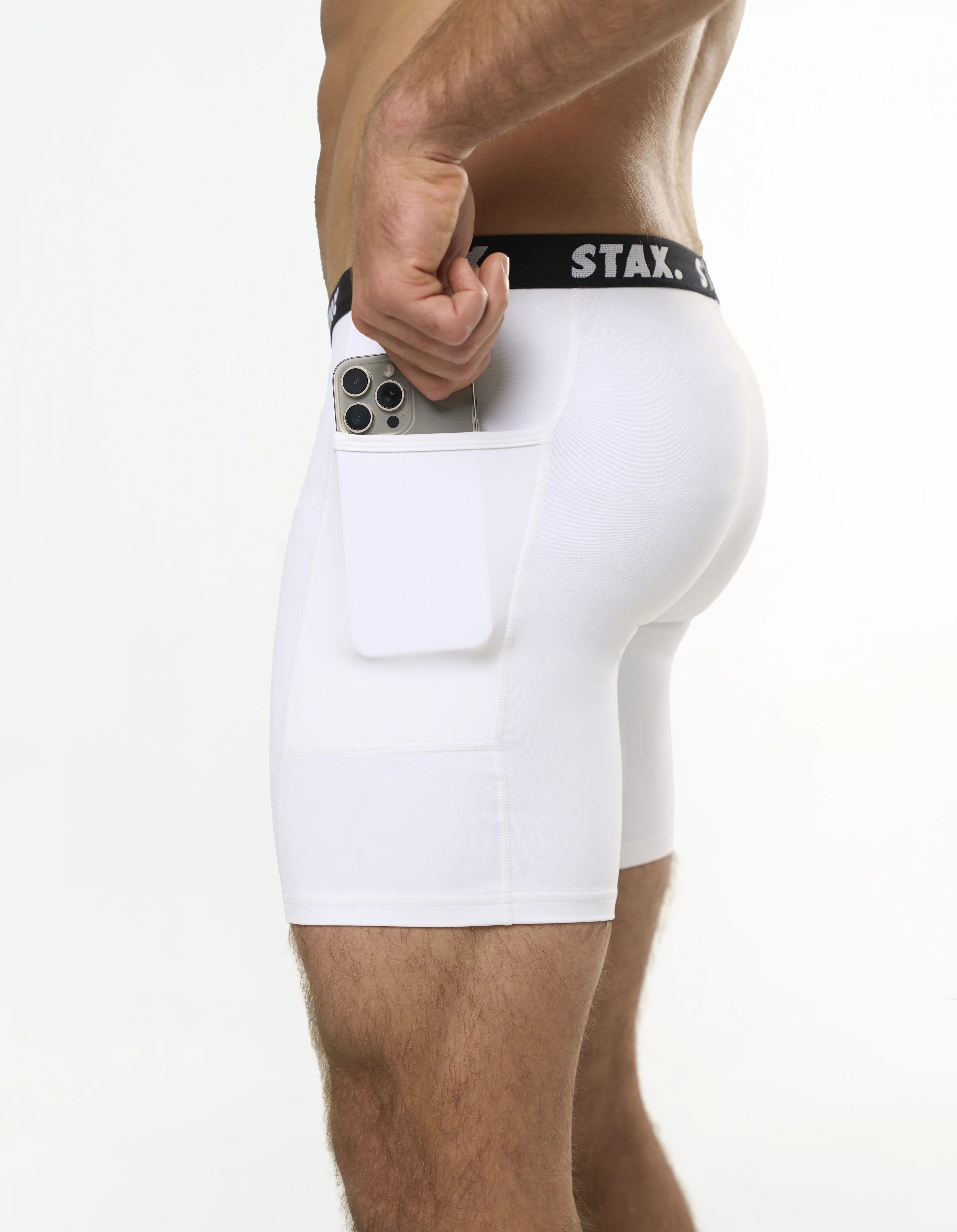 Mens Compressive Phone Pocket Bike Shorts - White - Image 5